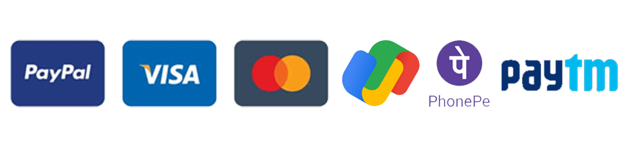 Paypal, Visa, Master Card, Google Pay, PhonePe, Paytm